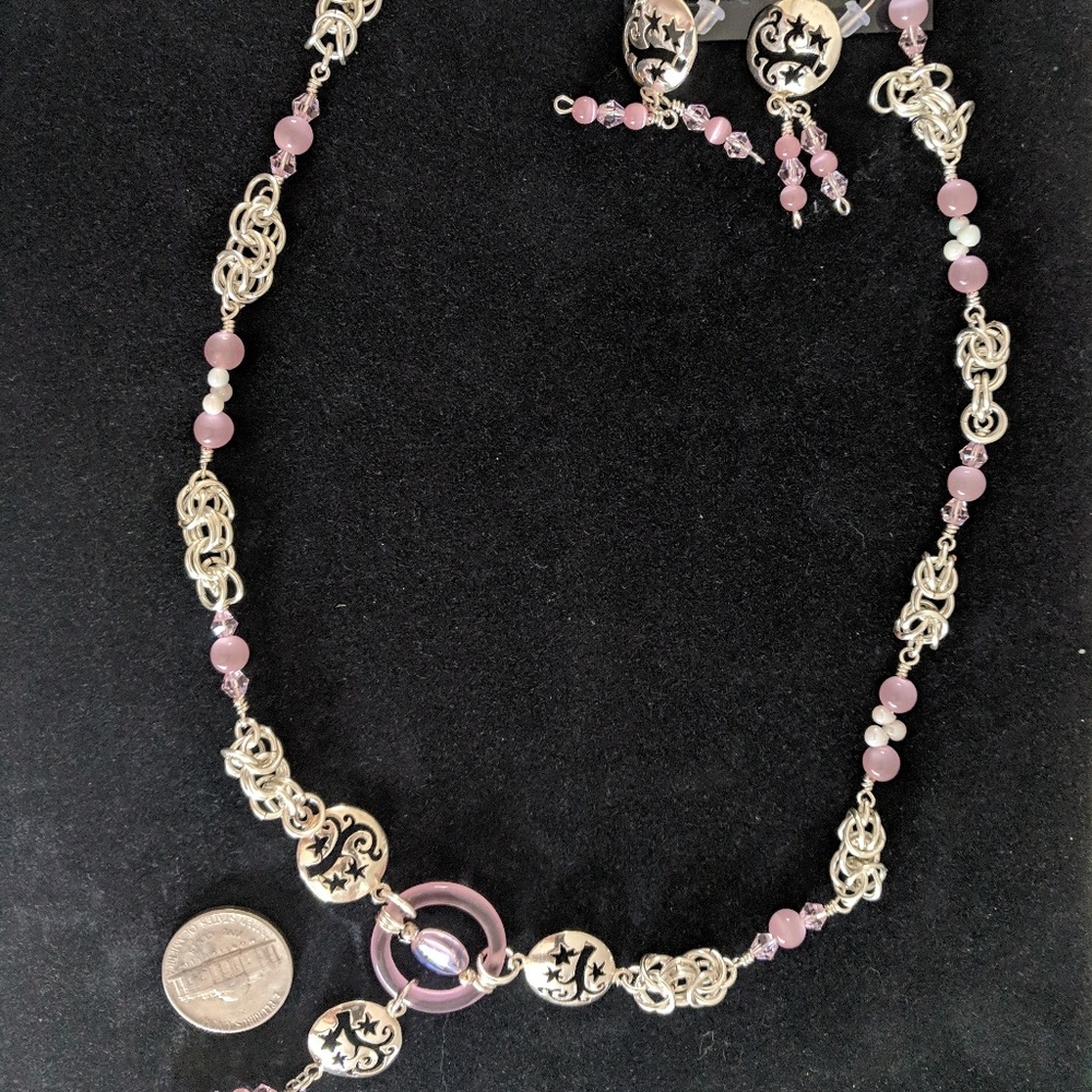 Pink and silver costume necklace earrings set